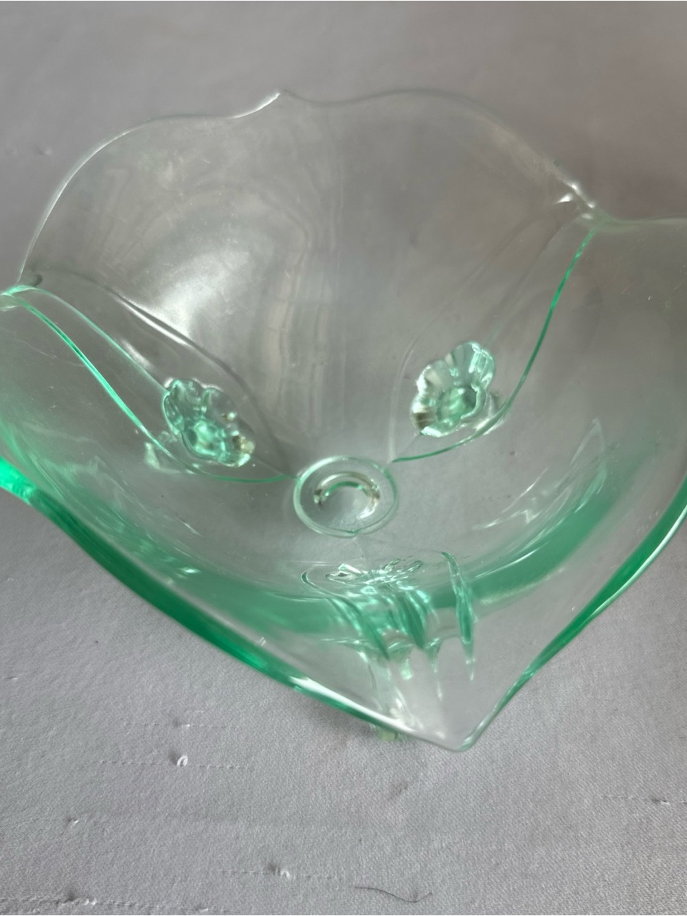 Mint Green Scalloped Glass Decorative Bowl. Vintage Elegant Lancaster Green Depr